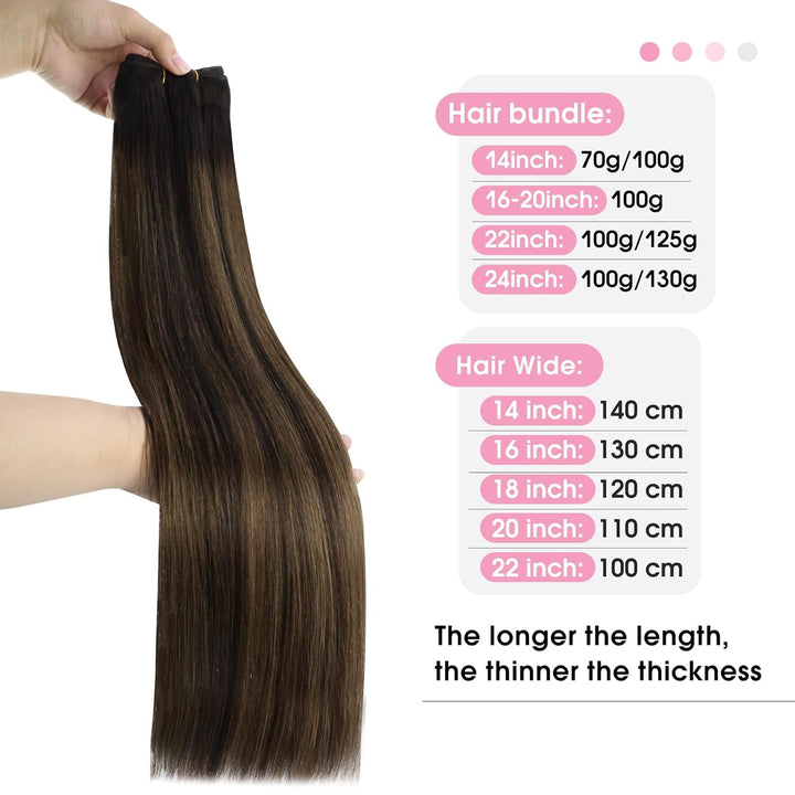 YoungSee Tressen Extensions Echthaar Ombre Echthaar Tressen zum Einnahen Braun Balayage Weft Extensi