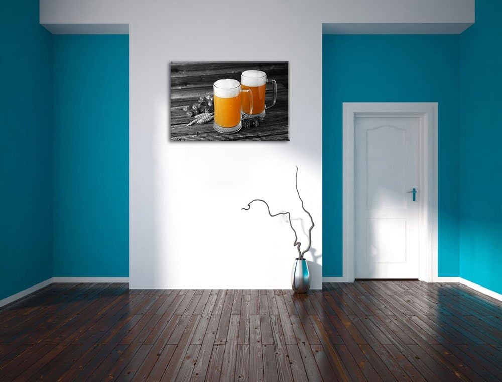 Zwei Biergläser Hefeweizen mit Hopfen auf Holztisch schwarz/weiss Format: 100x70 auf Leinwand, XXL r