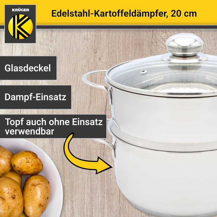 Krüger Edelstahl-Kartoffeldämpfer mit Glasdeckel - Bio-Dünster mit praktischem Schüttrand & energies