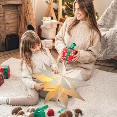 Lewondr Papier Stern Dekoration 2 Packungen, Weihnachten Papier Stern Laterne mit Fernbedienung, DRE