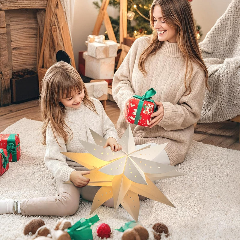 Lewondr Papier Stern Dekoration 2 Packungen, Weihnachten Papier Stern Laterne mit Fernbedienung, DRE