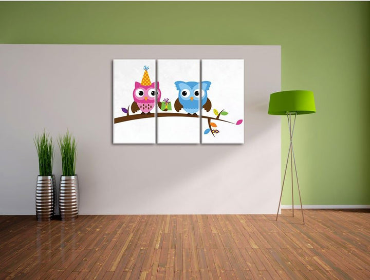 Pixxprint Party Eulen als Leinwandbild/Grösse: 3 Teilig (120x80) cm/Wandbild/Kunstdruck/fertig bespa