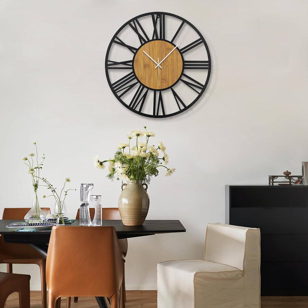 50 cm runde Holz-Wanduhr schwarz für Wohnzimmer-Dekoration, Vintage-Stil, römische Ziffern, geräusch