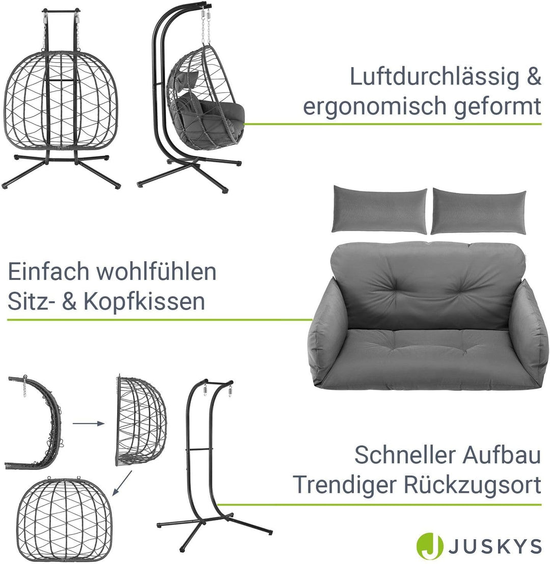 Juskys Doppelhängesessel Aria - Polyrattan Hängesessel mit Gestell & Kissen - Schaukel für Zwei Pers