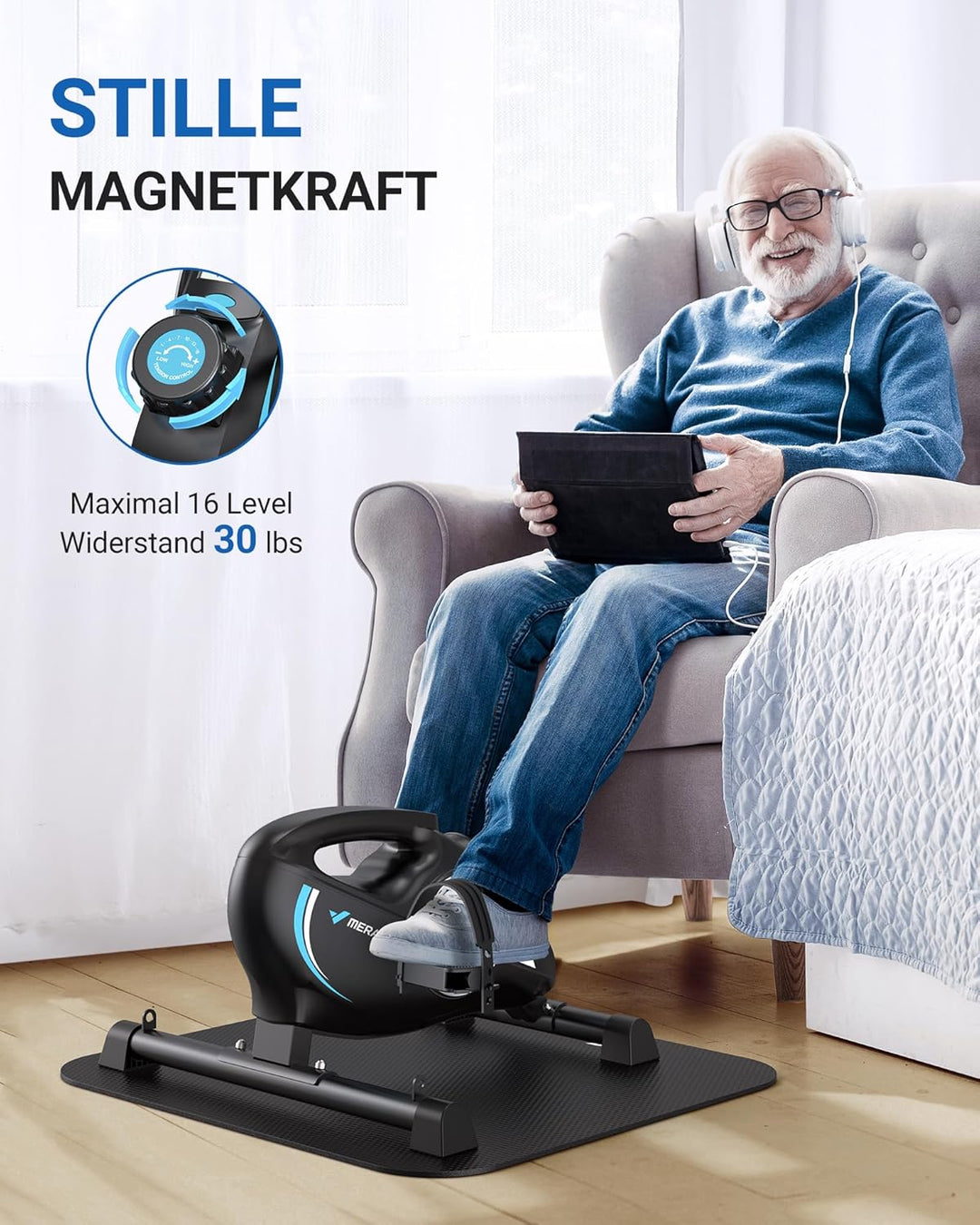 MERACH Pedaltrainer,Beintrainer für Zuhause,Mini Heimtrainer Senioren mit 2 Widerstandsbändern und R