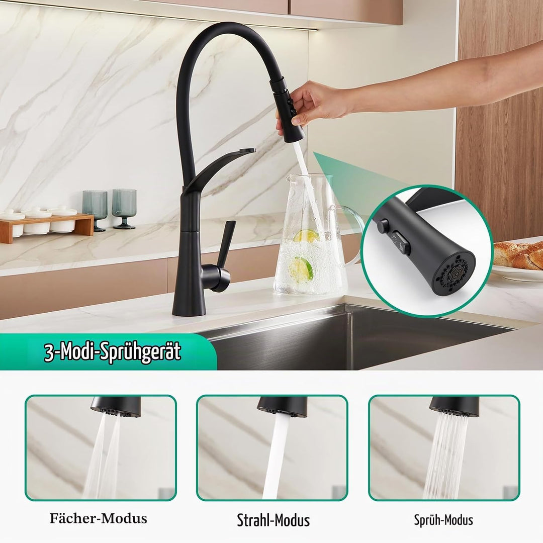CREA Wasserhahn Küche mit 3 Funktionen Brause, Hochdruck Küchenarmatur mit Ausziehbarer Brause, 360°