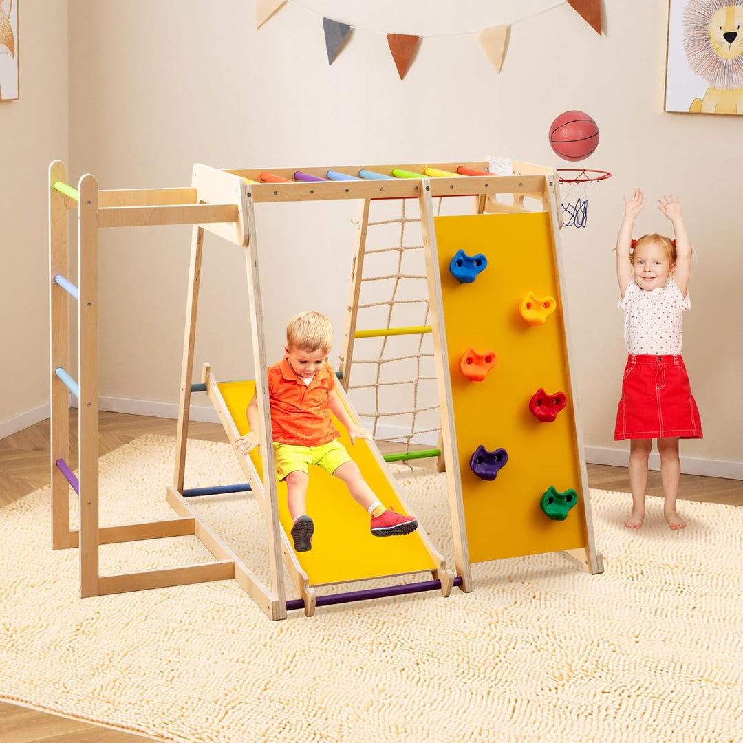 COSTWAY Klettergerüst Indoor, 6 in 1 Kletterleiter & Kletterstrick & Kletterfelsen & Rutsche & Affen