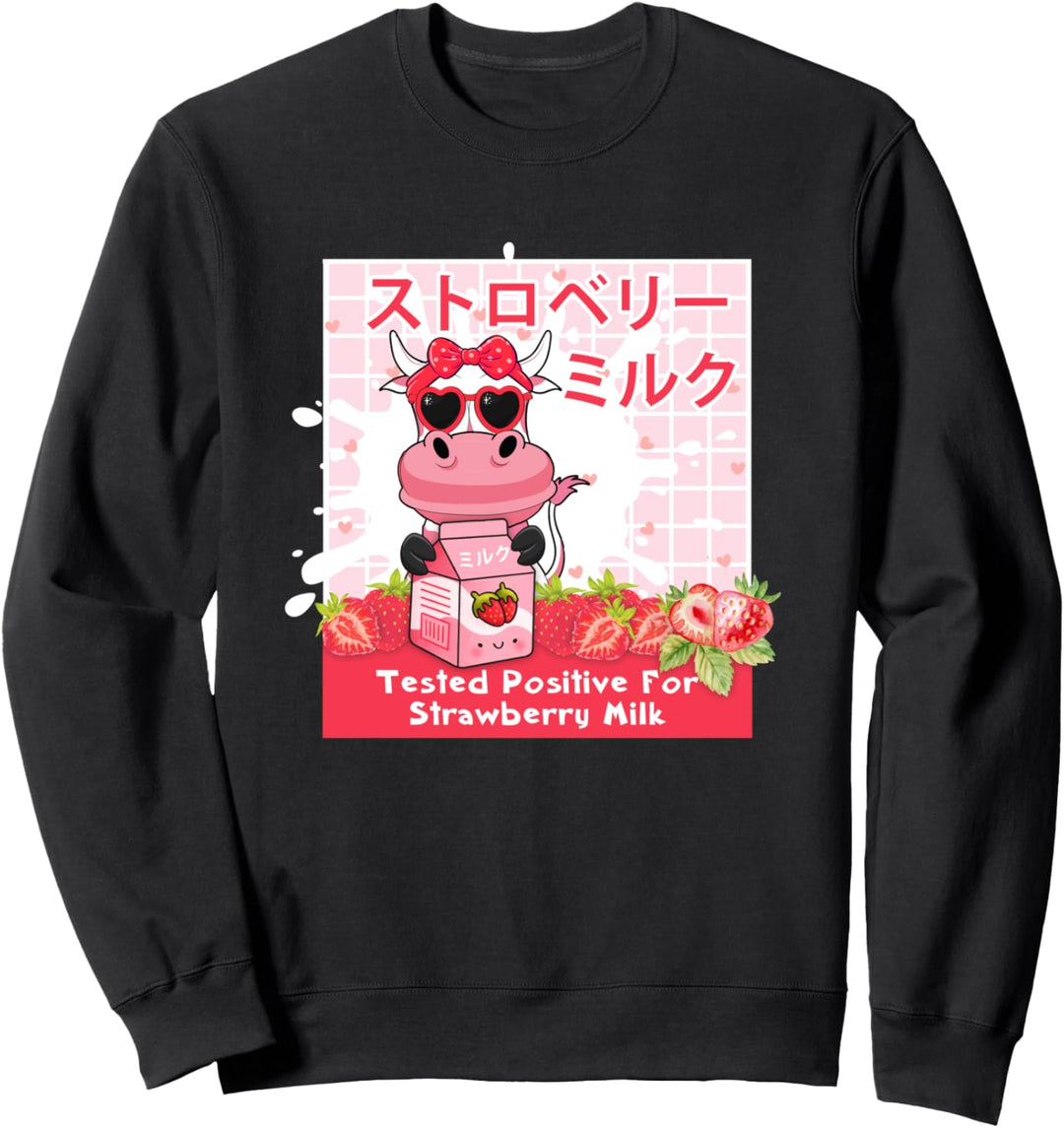 Japanische Retro-Erdbeermilch-Shake, 90er-Jahre, niedliche Kawaii-Kuhkunst Sweatshirt