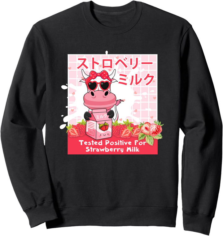 Japanische Retro-Erdbeermilch-Shake, 90er-Jahre, niedliche Kawaii-Kuhkunst Sweatshirt