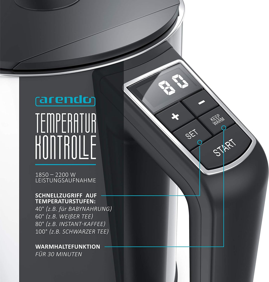 Arendo - Wasserkocher und Toaster im Set Edelstahl Weiss, Wasserkocher 1,5L 40°-100°C Warmhaltefunkt