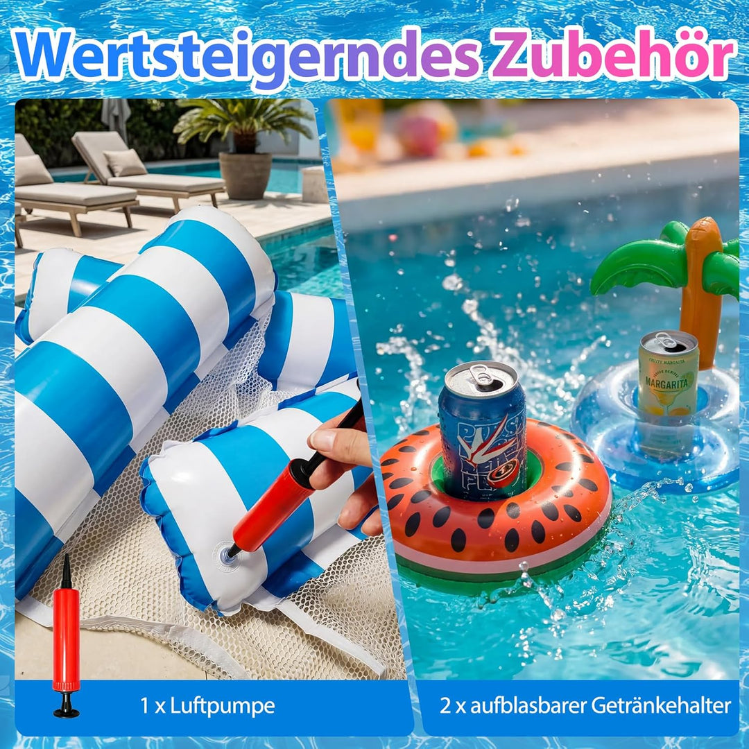 2 Stück Luftmatratze Wasser mit 1 Luftpump und 2 Getränkehalter，4 in 1 Wasserhängematte mit Netz Auf