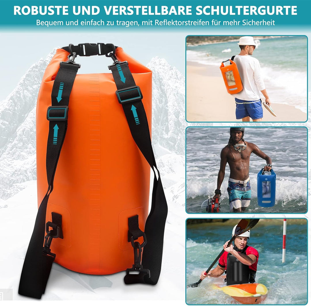 wasserdichte Tasche für Wassersport, 10L/20L/30L Dry Bag mit Handy Tasche, Wasserfester Rucksack, Le