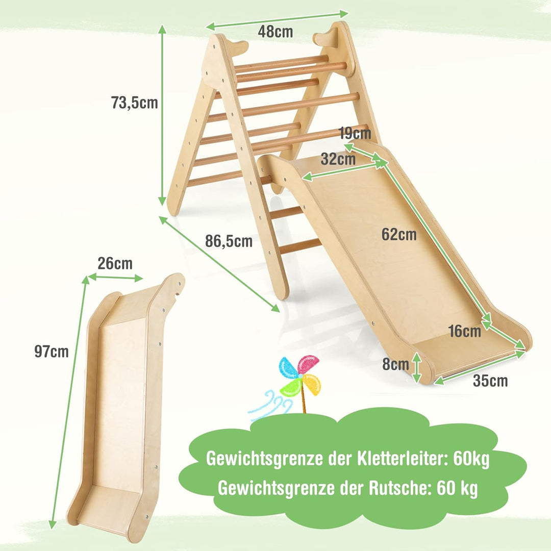 COSTWAY Kletterdreieck mit Rutsche, Klettergerüst aus Holz, Sprossendreieck zum Rutschen und Kletter