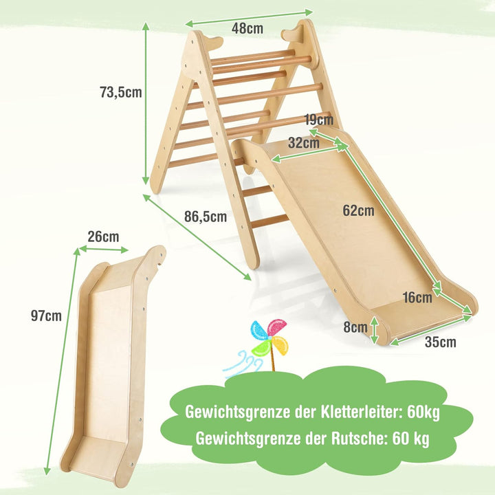 COSTWAY Kletterdreieck mit Rutsche, Klettergerüst aus Holz, Sprossendreieck zum Rutschen und Kletter