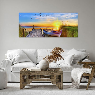 Wandbilder Dekoration Wohnzimmer See Boot Wasser Panorama Bilder auf Leinwand 120x50cm Leinwandbild