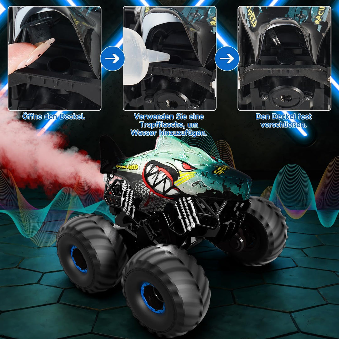 Ferngesteuertes Auto, 1/16 Monstertruck mit Stomp und 360°Drehung, Hai Monstertruck Ferngesteuert mi