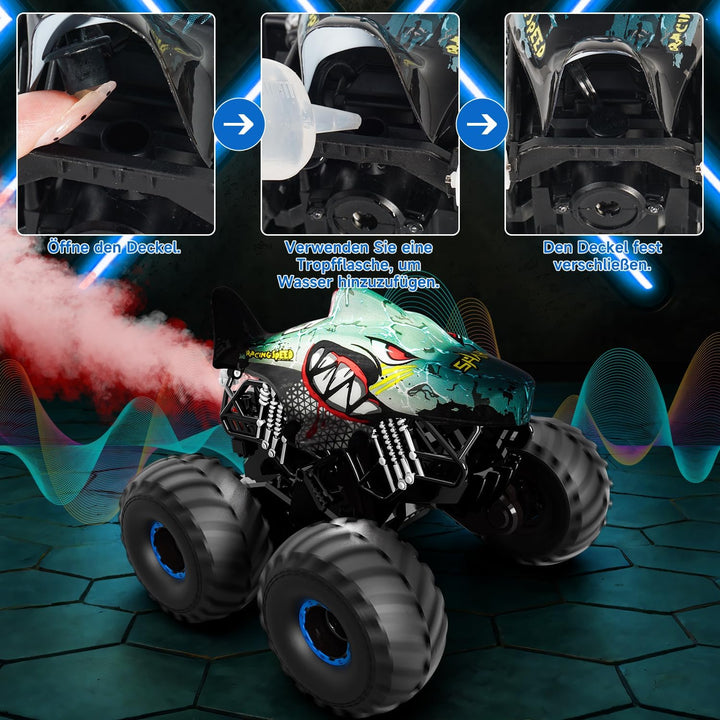 Ferngesteuertes Auto, 1/16 Monstertruck mit Stomp und 360°Drehung, Hai Monstertruck Ferngesteuert mi