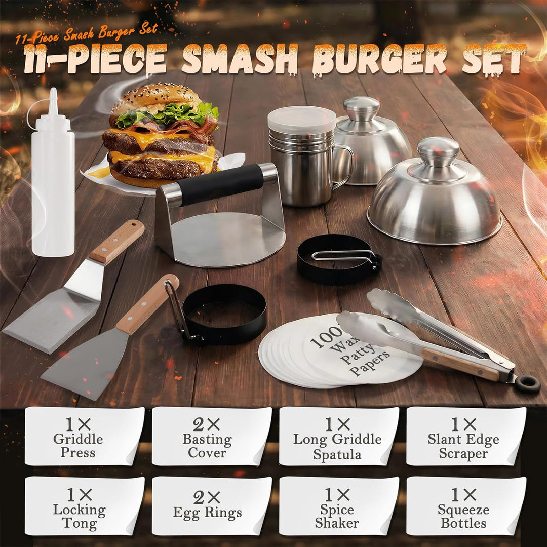 11 Stücke Smash Burger Set,BBQ Grillbesteck Set mit 2 Burgerglocken, Burgerpresse, Smasher,Pfannenwe