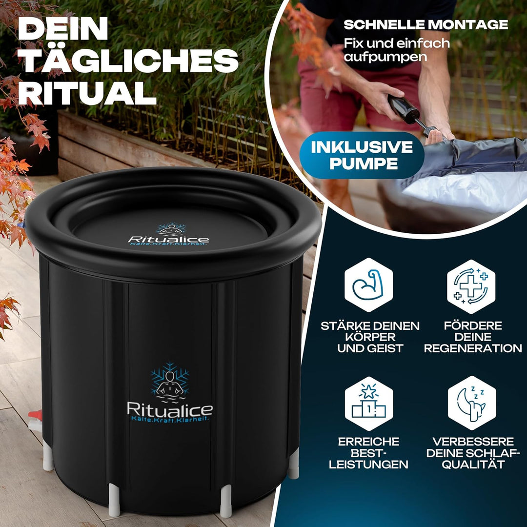 Ritualice® Eisbad (80 cm Ø) XL Komplettset - TESTSIEGER - Eistonne Set mit Deckel, Stoffbezug und XL