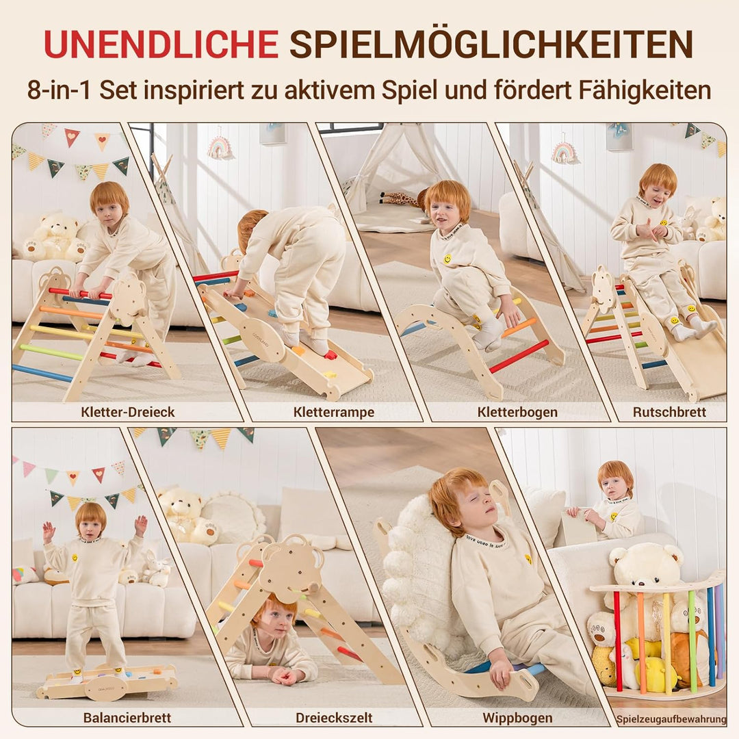 COSYLAND 8-in-1 Montessori Klettergerüst Indoor ab 1 Jahr – Kletterdreieck mit Rutsche, Kletterbogen