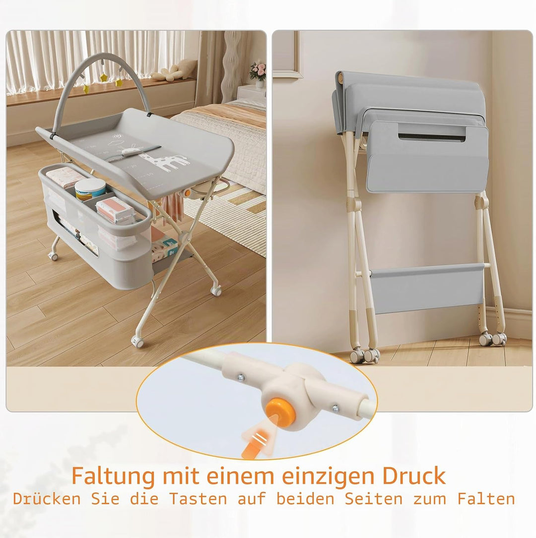 Supfine Wickeltisch klappbar, Mobiler Wickeltisch mit Seitlichem Korb und Kleiderstange, Höhenverste