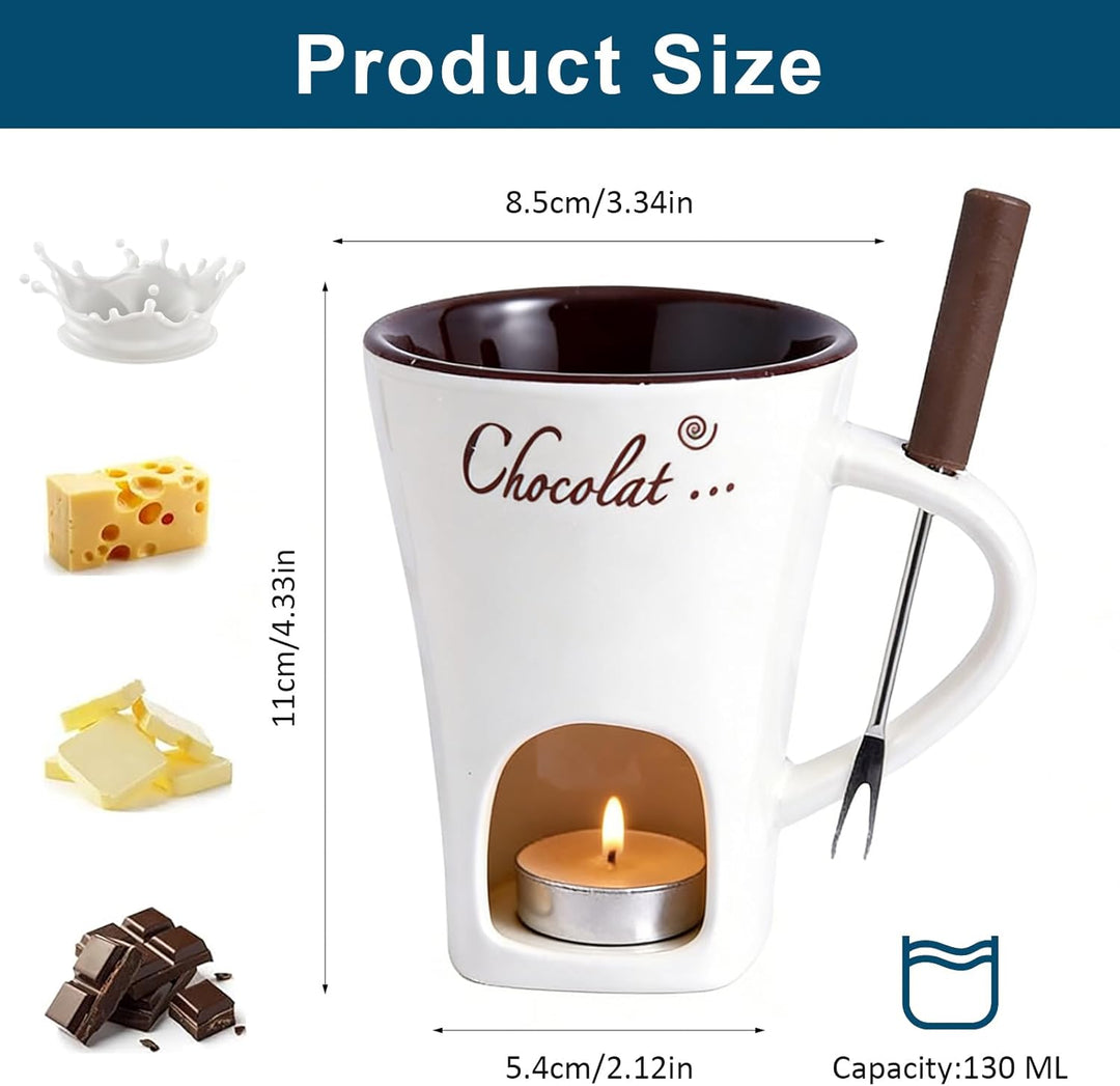 Schokofondue Tasse, 200ML Schokoladen Fondue Tassen mit Teelicht, Keramik Schokofondue Tasse Set mit