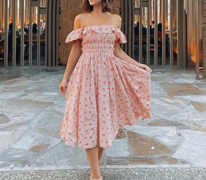 R.Vivimos Damen Casual A-Line Print Vierkant Puff Ärmel Kleid Saum Hohe Taille Midi Fitted Kleid Ber