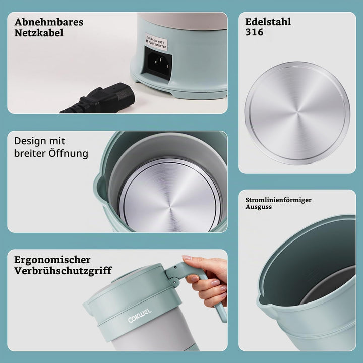 Wasserkocher Faltbar, 0.7L 1000W Klappbarer Tragbarer Mini Elektrischer Wasserkessel, Elektrisch Cam