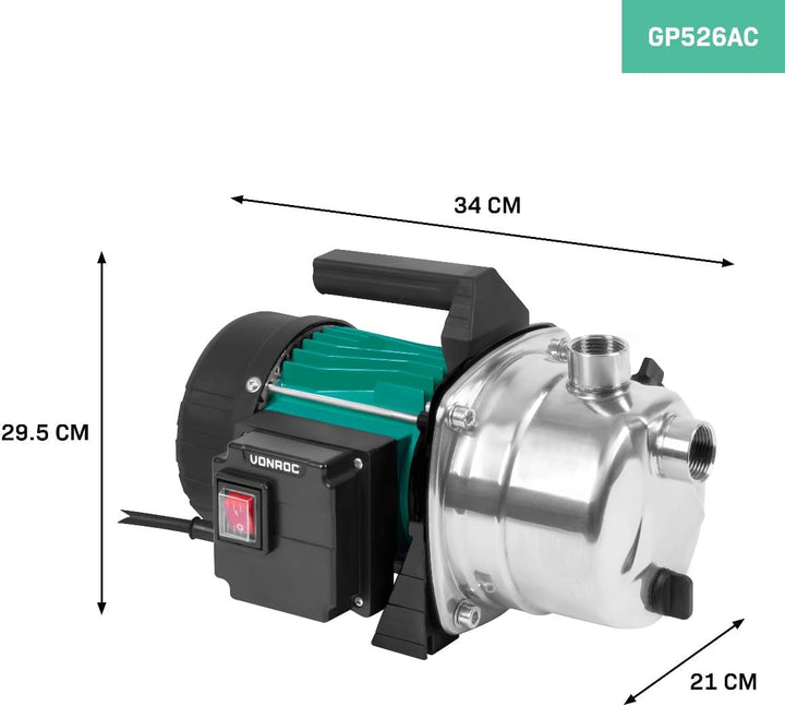 VONROC Gartenpumpe/Wasserpumpe - 1000W - 3500l/h - STST Pumpengehäuse - Zur Bewässerung des Gartens/