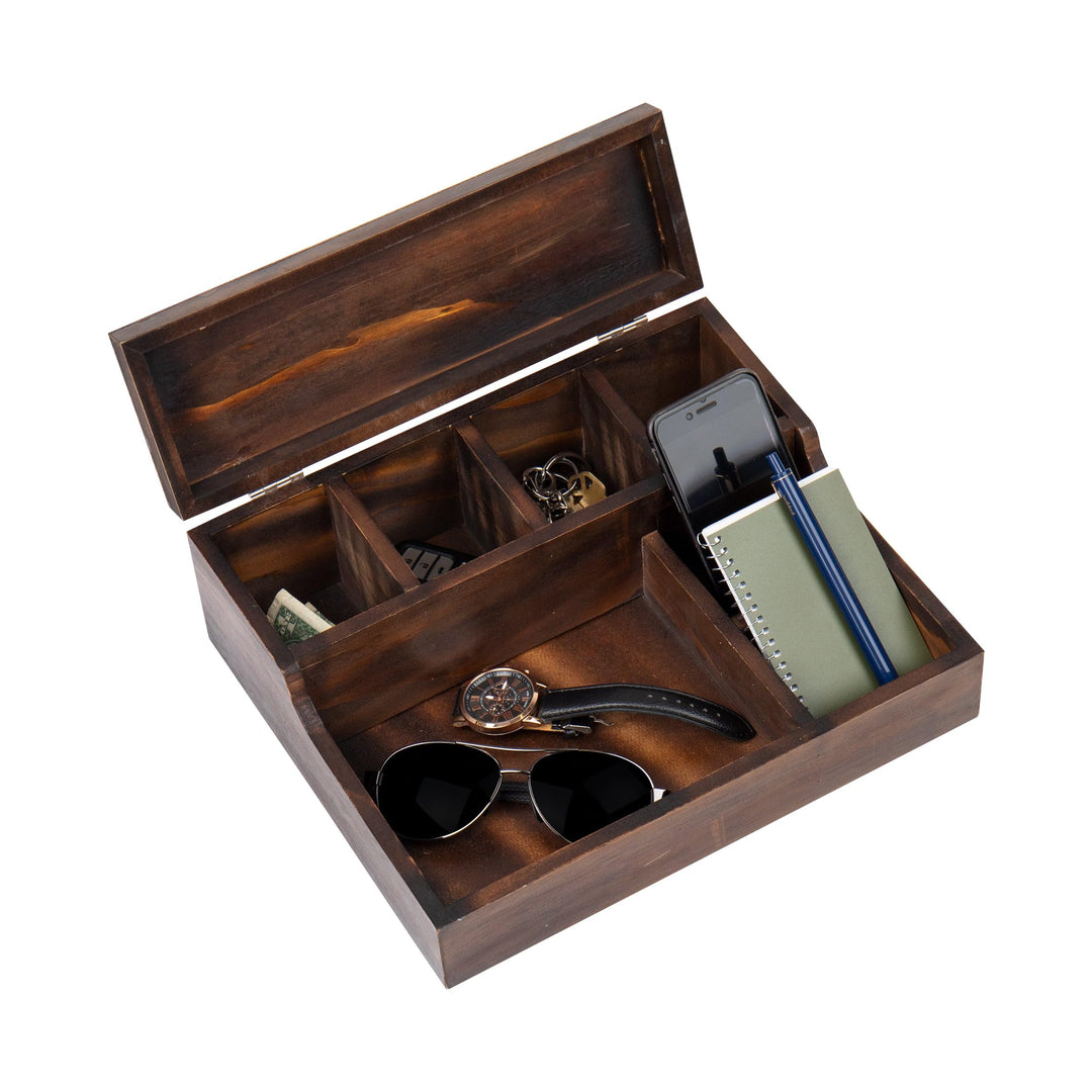 Mind Reader Bali Collection, 7-Compartment Valet Tray with Hinged Lid for Cell Phone, Watches, Jewel