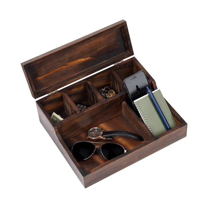 Mind Reader Bali Collection, 7-Compartment Valet Tray with Hinged Lid for Cell Phone, Watches, Jewel