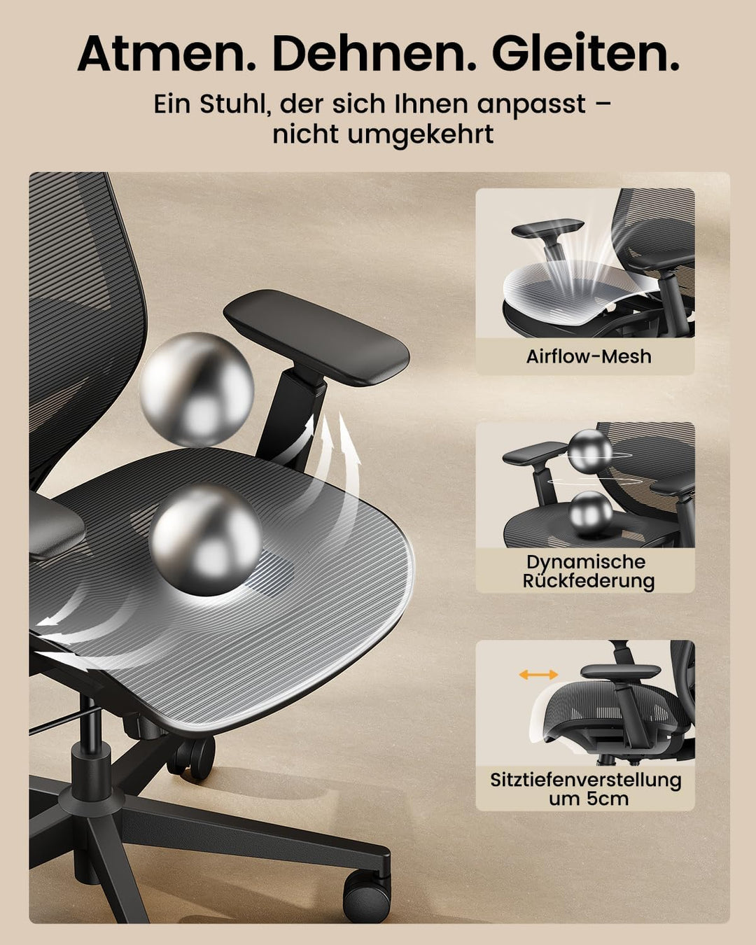 ProtoArc EC200 Pro Ergonomisch Netz-Bürostuhl mit Verstellbarer Sitztiefe