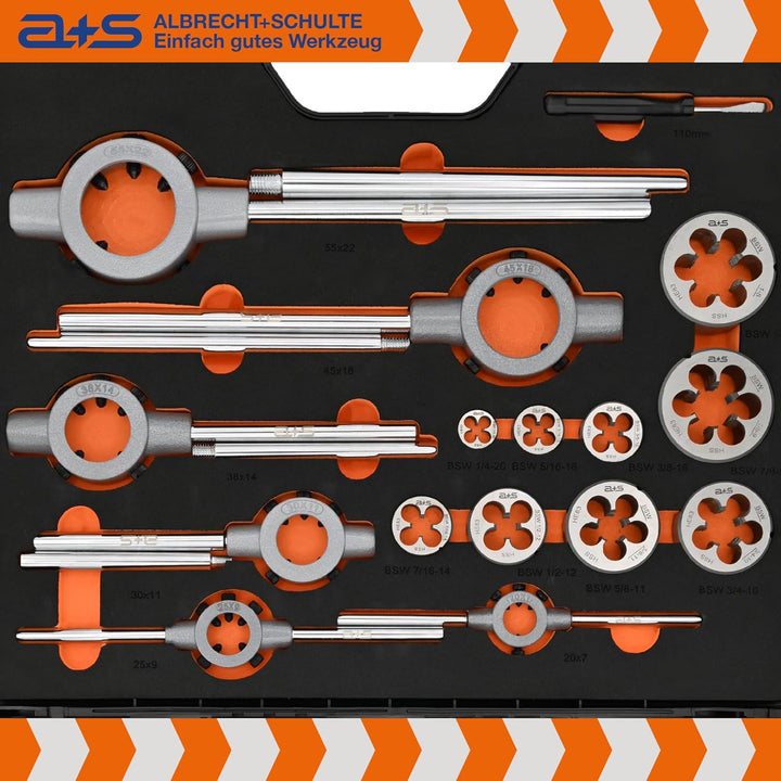 a+s BSW Gewindeschneider Set | HSS-G, 1/4"-1'', 46-teilig | Zoll Gewindebohrer & Schneideisen | Komp