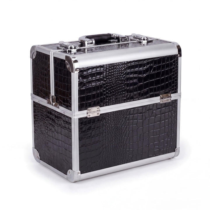 N&BF Profi Kosmetikkoffer gross Schwarz Croco Design, 35 x 22 x 36 cm, robuster Schminkkoffer aus Al
