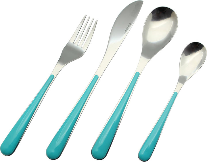 EXZACT 24 teilig Besteckset mit Halter Edelstahl Türkis Griffe | Transparenter Vier Fächer Ständer H
