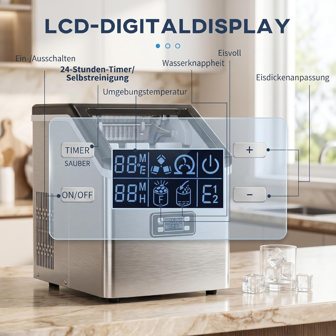 HOMCOM Kommerzielle Eiswürfelmaschine 45kg/24H mit LCD-Anzeige, 11 kg Speicher, Timer und Selbstrein