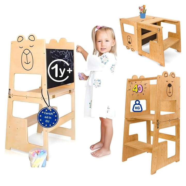 KAUZA Lernturm für Kinder ab 1 Jahr Klappbar, 3 in 1 Montessori Learning Tower, Kippschutz Kinderhoc
