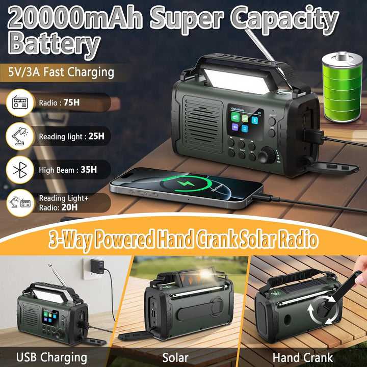 20000mAh Kurbelradio mit Bluetooth, DAB/FM Solar Radio, Als Taschenlampe & Leselicht, USB Handy-Lade