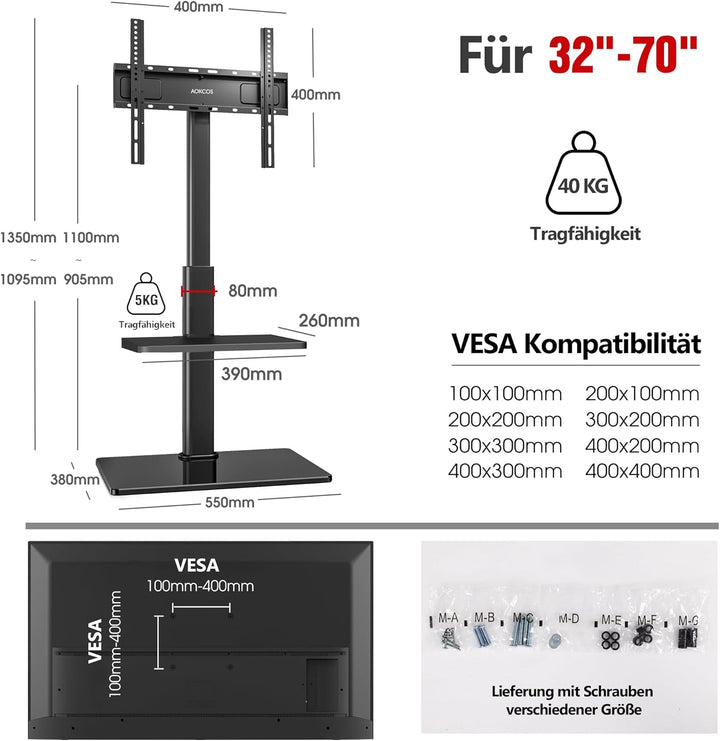 AOKCOS TV Ständer TV Bodenständer für 32-70 Zoll Fernseher bis zu 40 KG, TV Standfuss mit 2 Stufigen