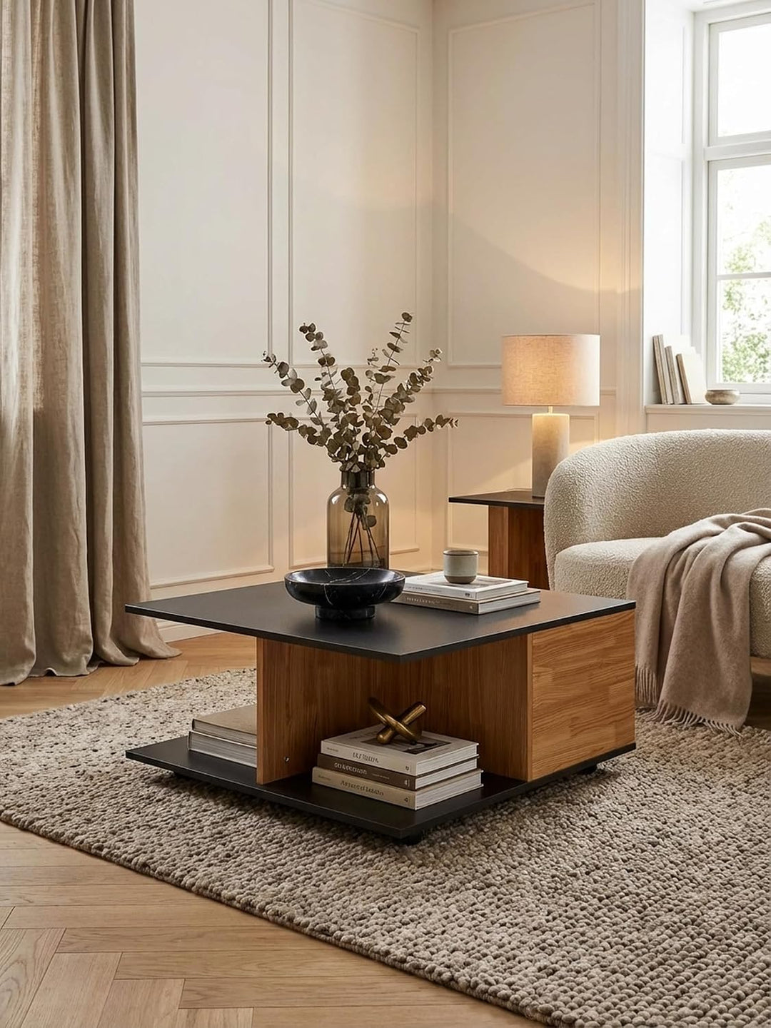 KADIMA DESIGN Couchtisch RAPIDO: 70x70x36,5 cm, 2 Schubladen, Rollen, Melaminharzbeschichtung, Weiss