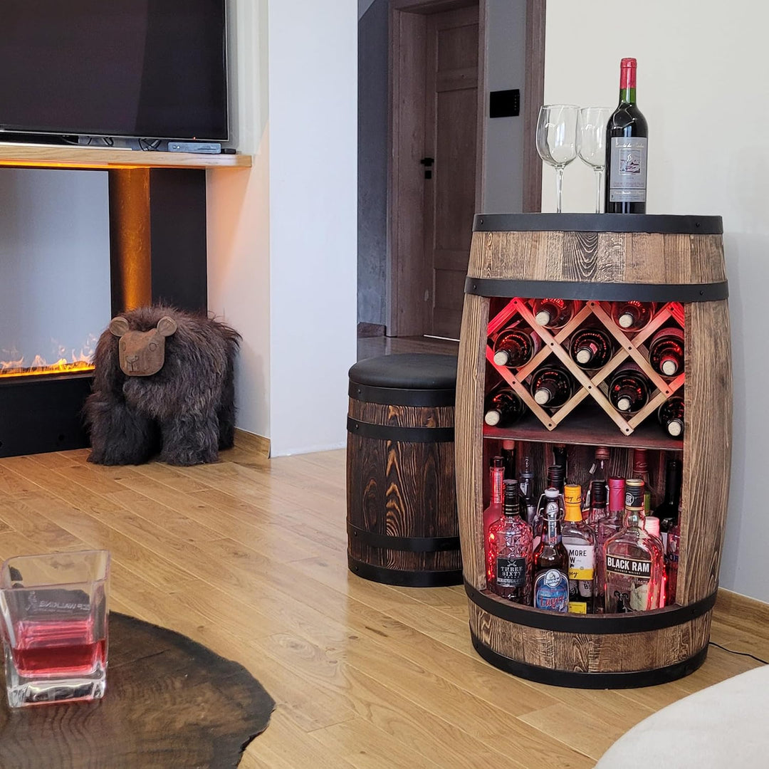 weeco Holzfass mit weinhalter RGB LED Beleuchtung - Weinregal fassbar. Rustikaler deko Barschrank We