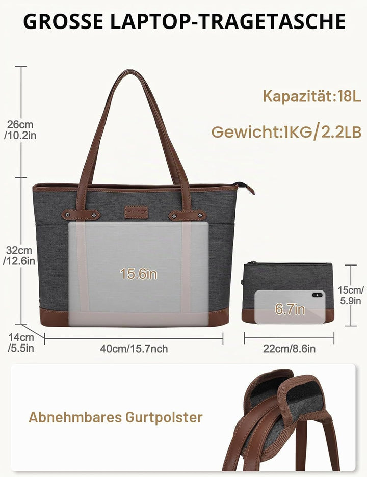 RAVUO Laptoptasche Damen, Wasserdichte Handtasche Elegant Lehrertasche Gross Aktentasche 15.6 zoll L