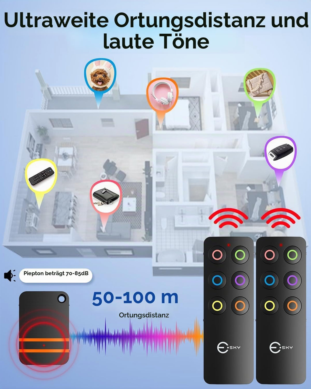 Schlüsselfinder, Esky Key Finder mit 2 RF Sender, schlüsselfinder anhänger mit 6 Empfängern, Haustie