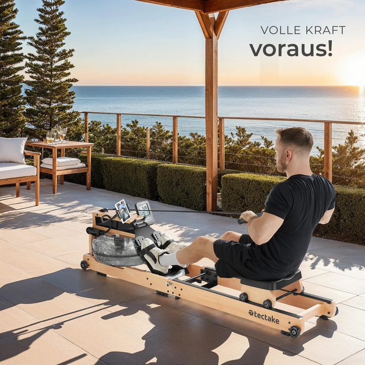 tectake® Wasser Rudergerät für Zuhause + Pulsgurt, Holzrudergerät Heimtrainer mit Wassertank, Wasser