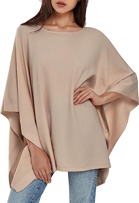PULI Damen Pullover Poncho Elegant Viskose Strick Locker sitzend Poncho Schal Einheitsgrösse Beige,