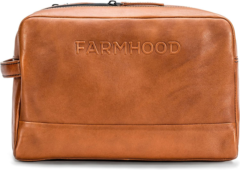 FARMHOOD Memphis Damen/Herren XL Leder Kulturbeutel | mit 2 Hauptfächern | Kosmetiktasche 30 cm Came