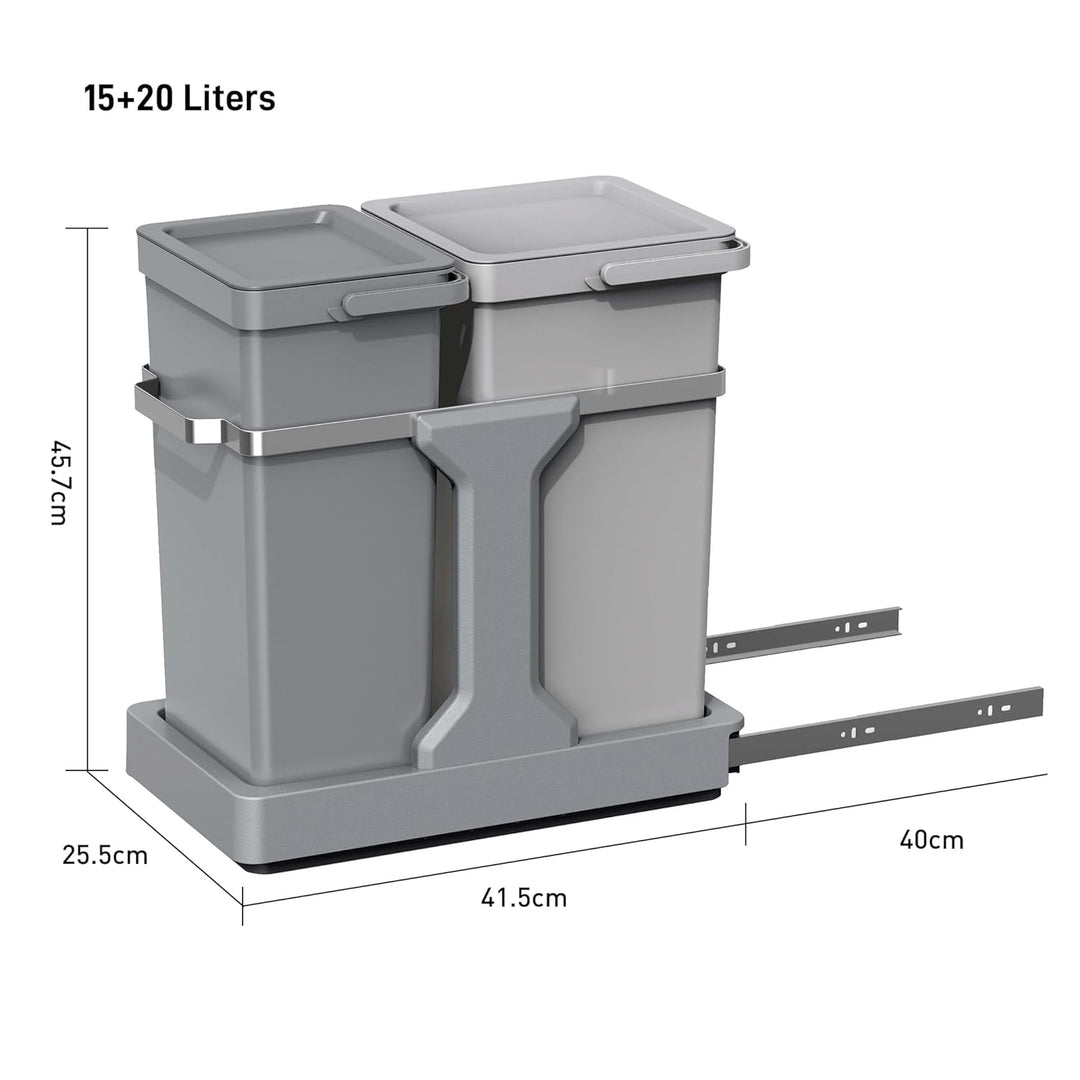 EKO Ausziehbarer recycelbarer Küchenmülleimer für die Küche, 20 l und 15 l, mit 2 Fächern | Abfallei