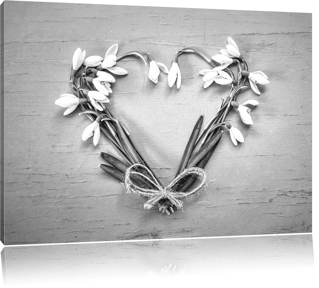 Herz aus Blumen Kunst B&W, Format: 100x70 auf Leinwand, XXL riesige Bilder fertig gerahmt mit Keilra