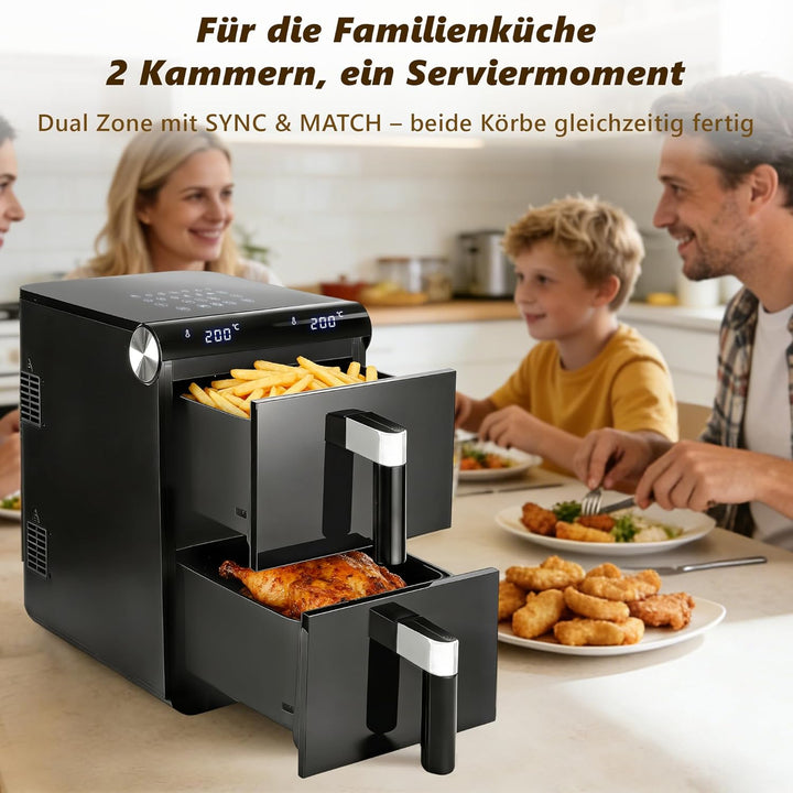 Citybee 11L XXL Heissluftfritteuse 2 Kammern, Dual-Zone Doppelkammer Turm-Airfryer mit SYNC/MATCH, 2