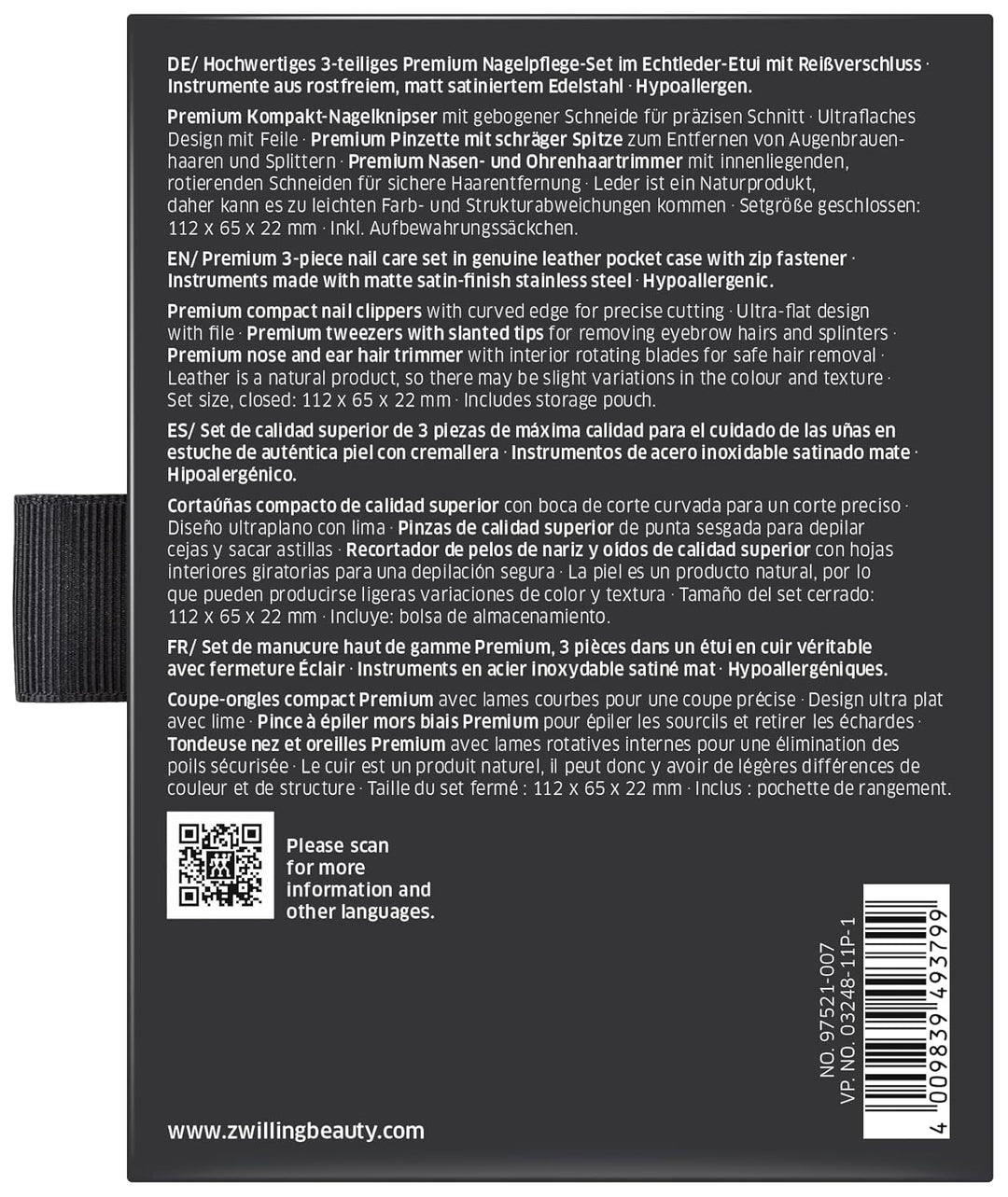 ZWILLING Maniküreset 3-teilig Nagelpflegeset aus Rindleder mit Reissverschluss, Premium, Schwarz